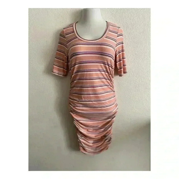 🆕 Mother Bee Maternity Mauve Stripe Ruche Dress M🆕 - Picture 4 of 8